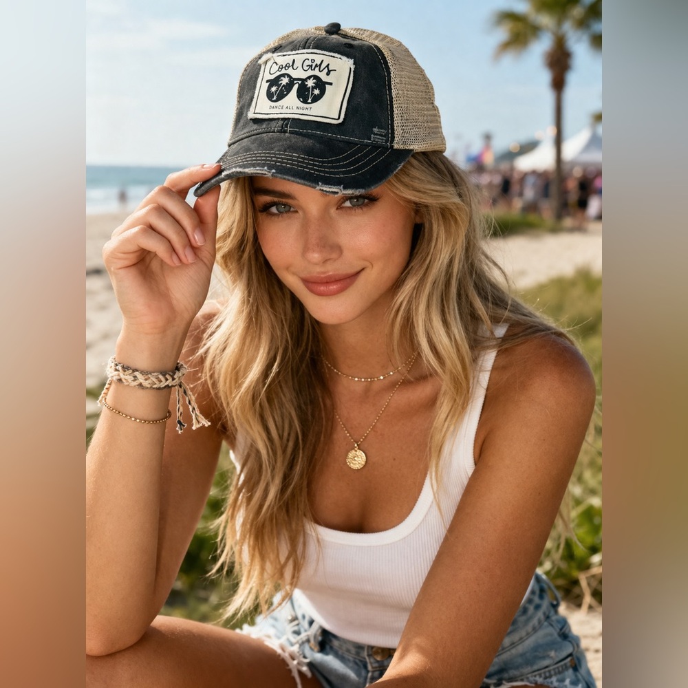 Rustic Trucker “Cool Girl” Hat Distressed Black‎ Mesh Snapback NWT